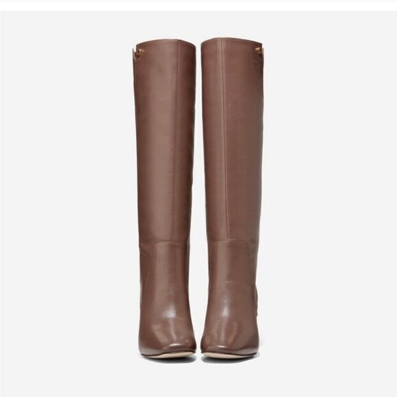 New COLE HAAN Chrystie Square brown tall block heel leather zip boots size 5.5 - Picture 2 of 5